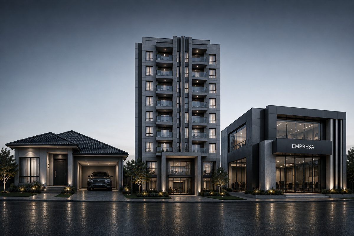 Casa, torre residencial e prédio comercial ao entardecer